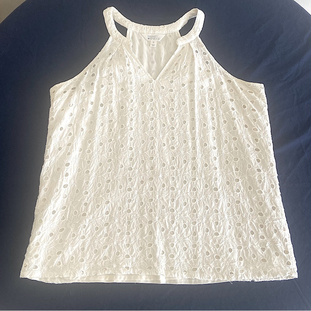 XL White Sleeveless Halter Top with V-neck. Eyelet and flower embroidery